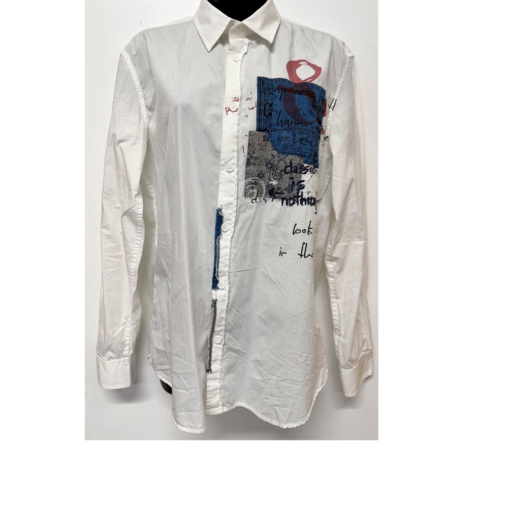 Desigual Men's White Shirt with artsy artwork, Size S